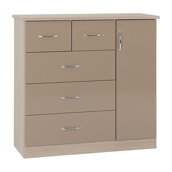 Nevada 5 Drawer Low Wardrobe In Oyster Gloss & Light Oak Effect